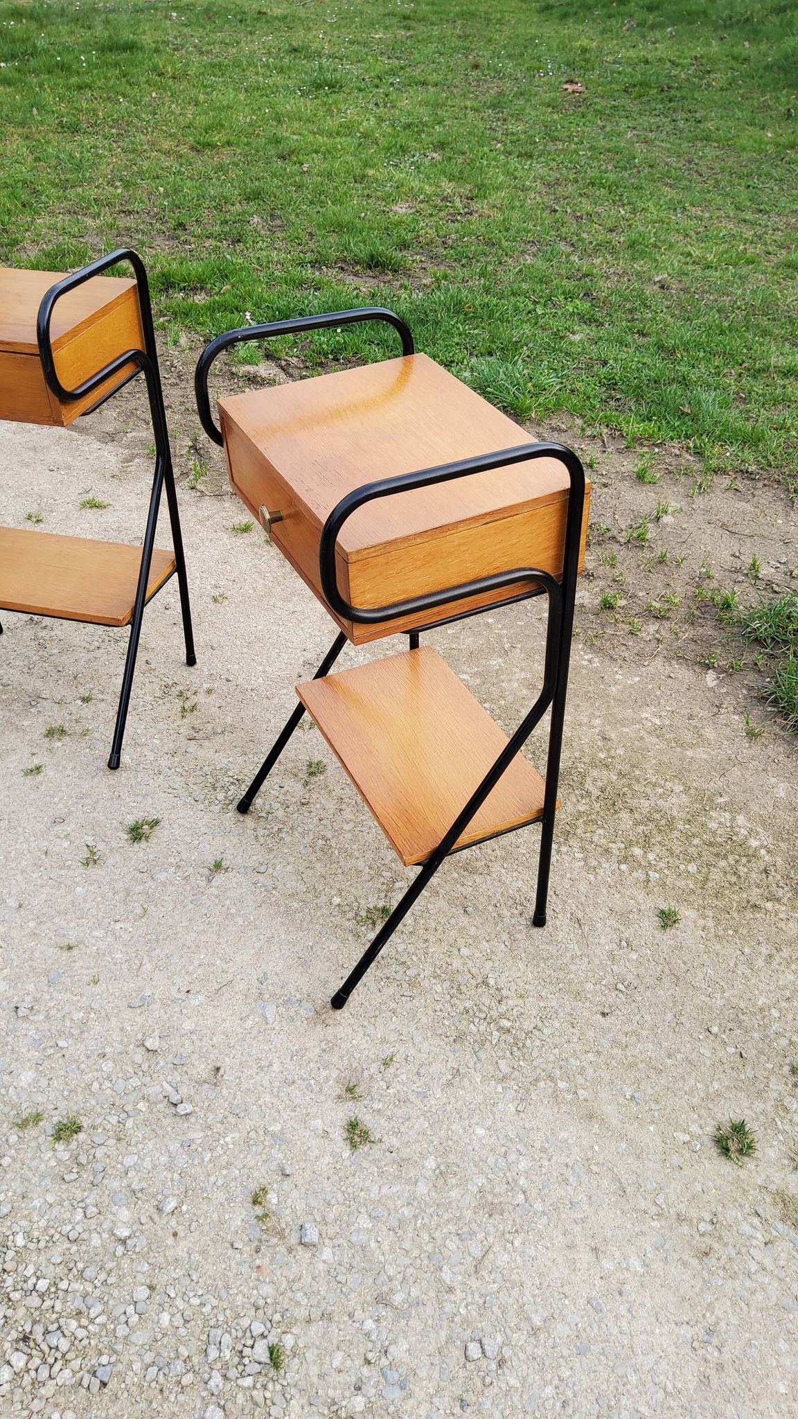 Pair of bedside tables from the 60s in gilded oak and tubes stamped Descher