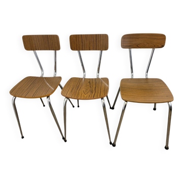 Set of 3 vintage French kitchen chairs, formica & chrome, 1960s-70s