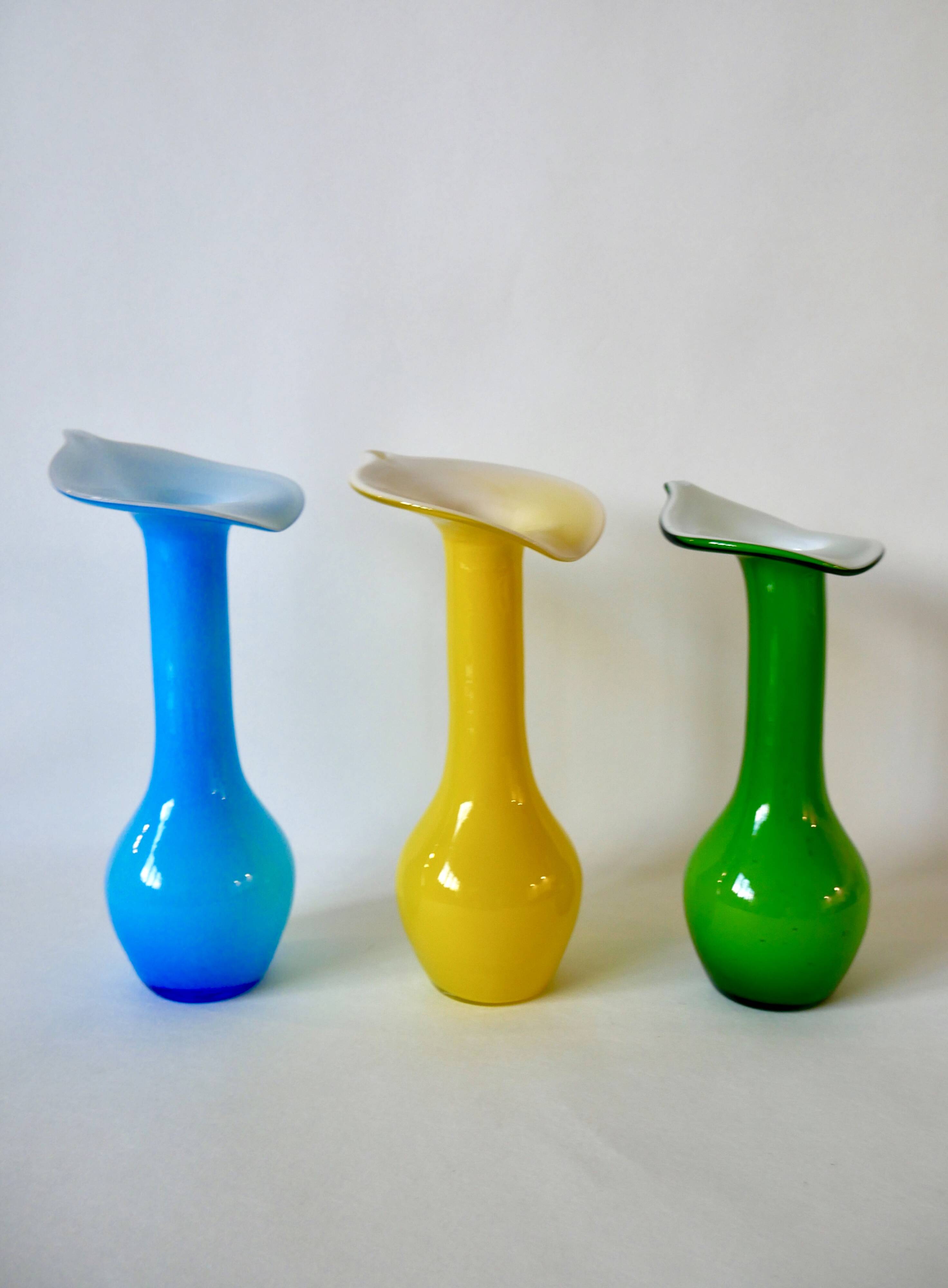 trio of designer vases in yellow, green and blue opaline from the 60s