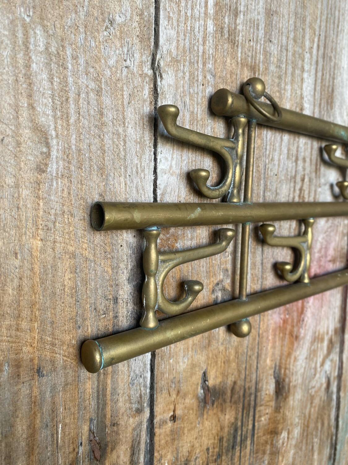Vintage Wall Coat Rack Brass 7 Foldable Hooks #D748