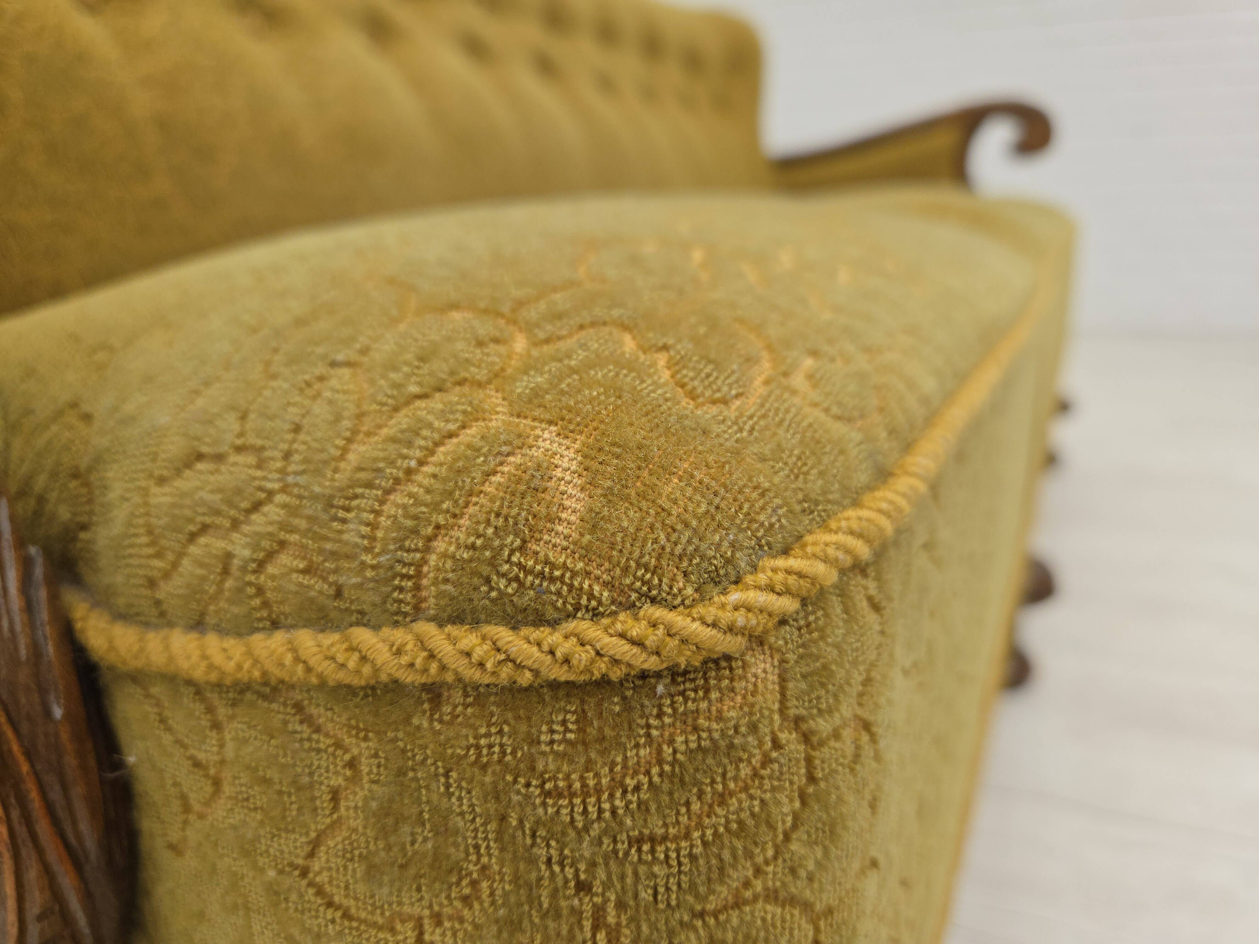 1960s, 3-seater Danish sofa, cotton/wool furniture fabric, solid oak wood.