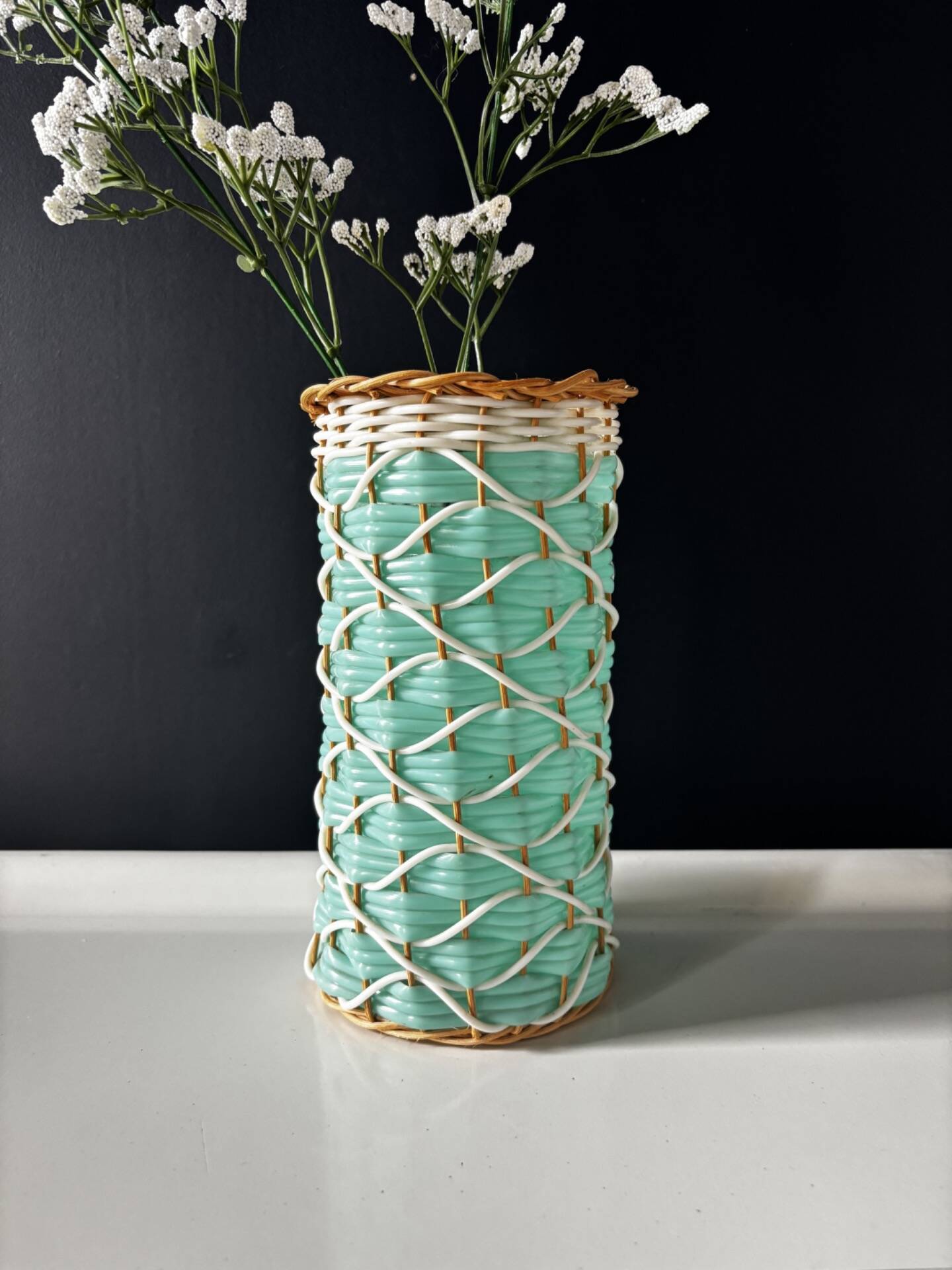 Vintage celadon green scoubidou vase with rattan — 1960s-70s