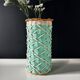 Vintage celadon green scoubidou vase with rattan — 1960s-70s