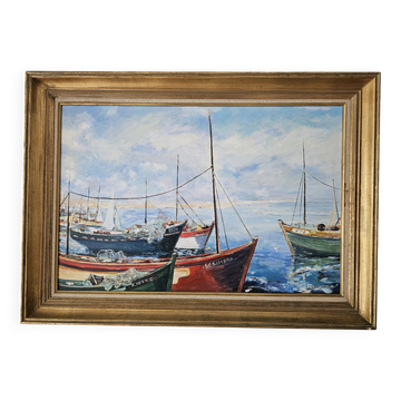 Oil on Canvas Landscape Marine Sailboats The Port Signed J Grosdemouge