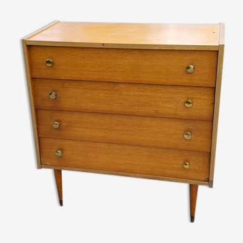Chest of drawers of the 60s in blond oak conical feet 4 drawers