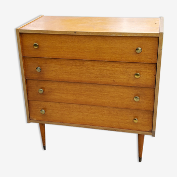 Commode des années 60 en chêne blond pieds coniques 4 tiroirs