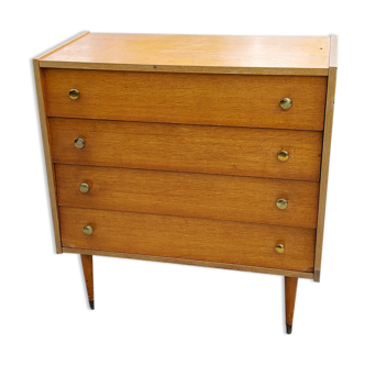 Chest of drawers of the 60s in blond oak conical feet 4 drawers