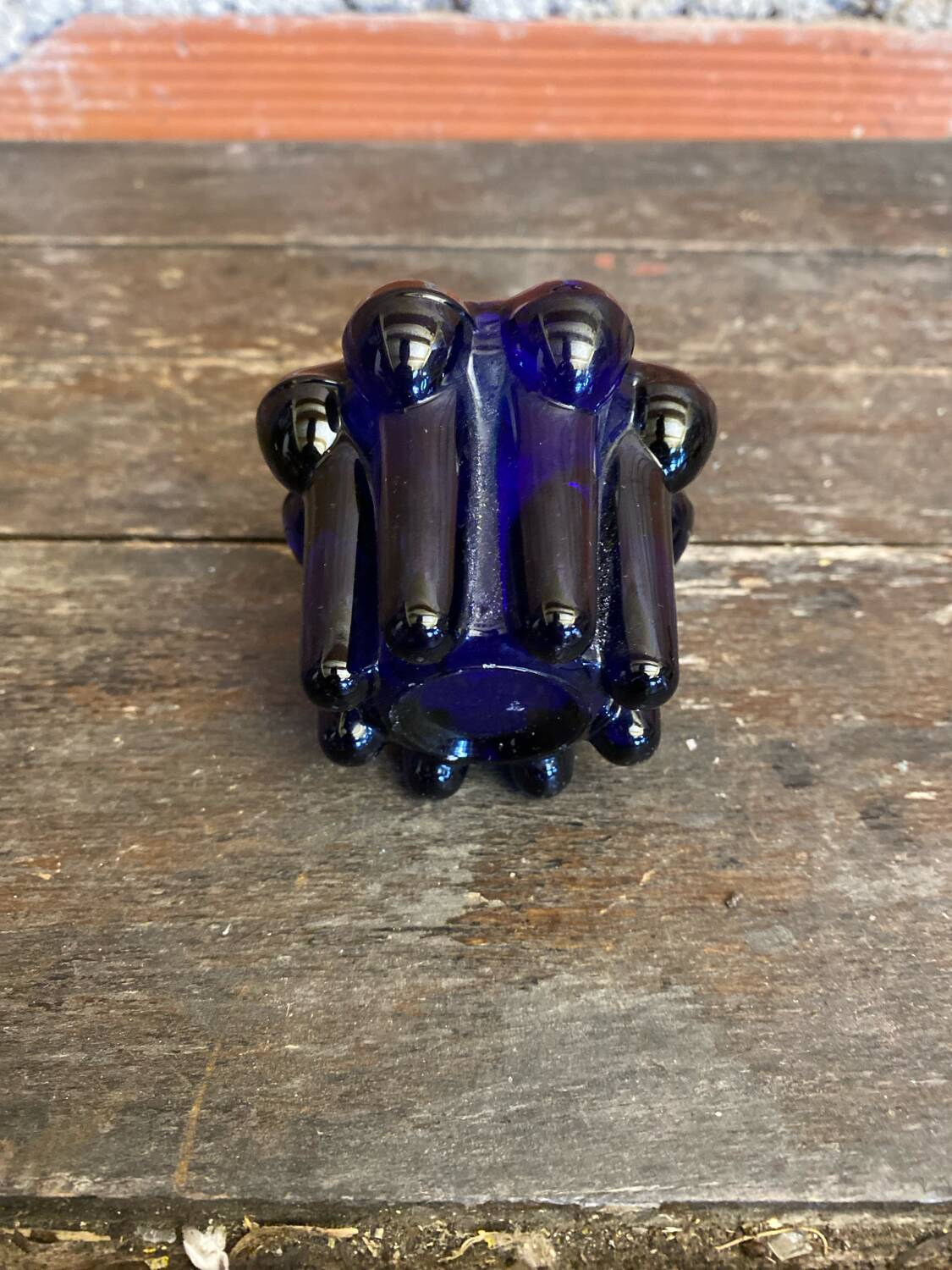 Bougeoir Ancien Design Verre Moulé Bleu Cobalt Années 70 France Vintag