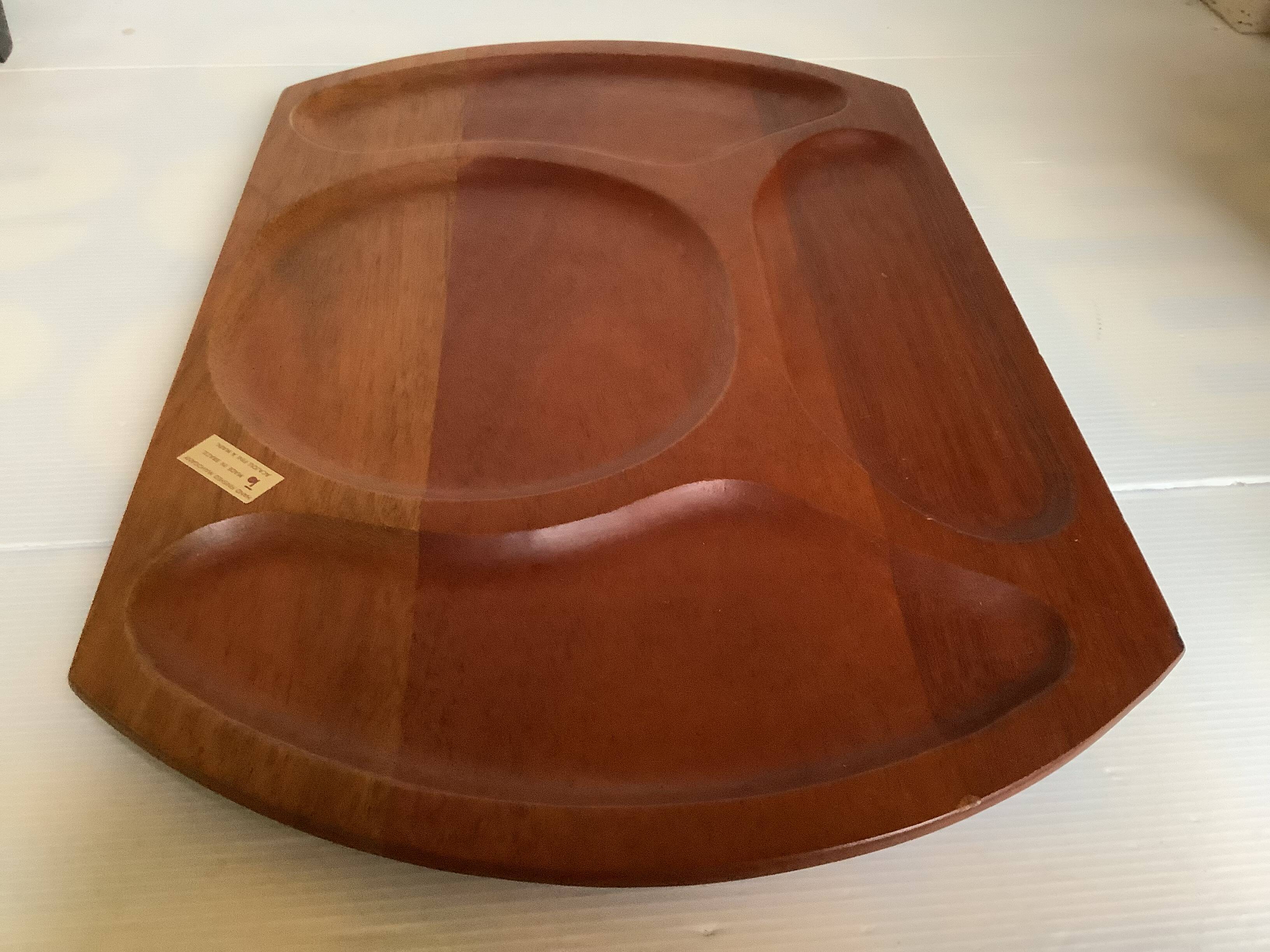 Pair of wooden snack meal trays with compartments.
