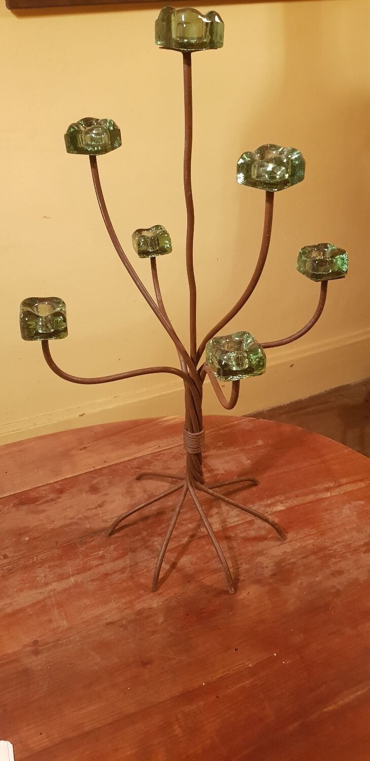 Large designer 6-branched candlestick in wrought iron and glass.