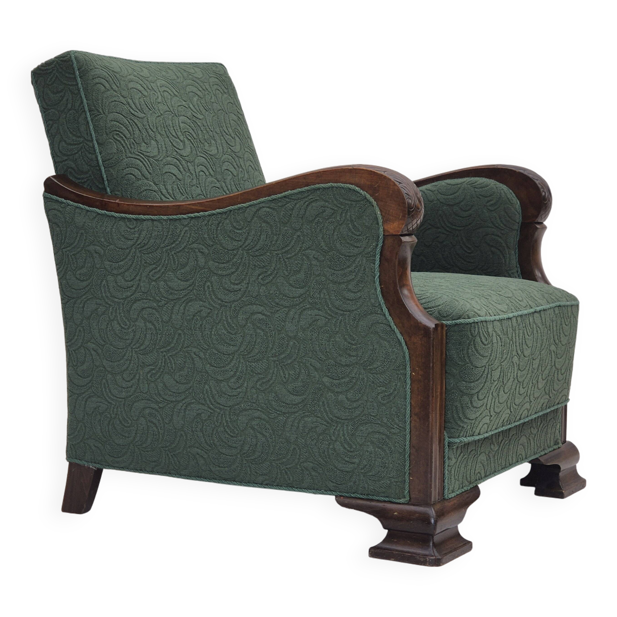 1950s, Danish relax chair, green furniture blend wool fabric, beech wood.