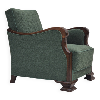 Fauteuil relax danois des années 1950, tissu en laine mélangée verte, bois de hêtre.