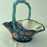 Large earthenware basket, Longwy enamels, turquoise blue cloisonné, twisted handle, stamp