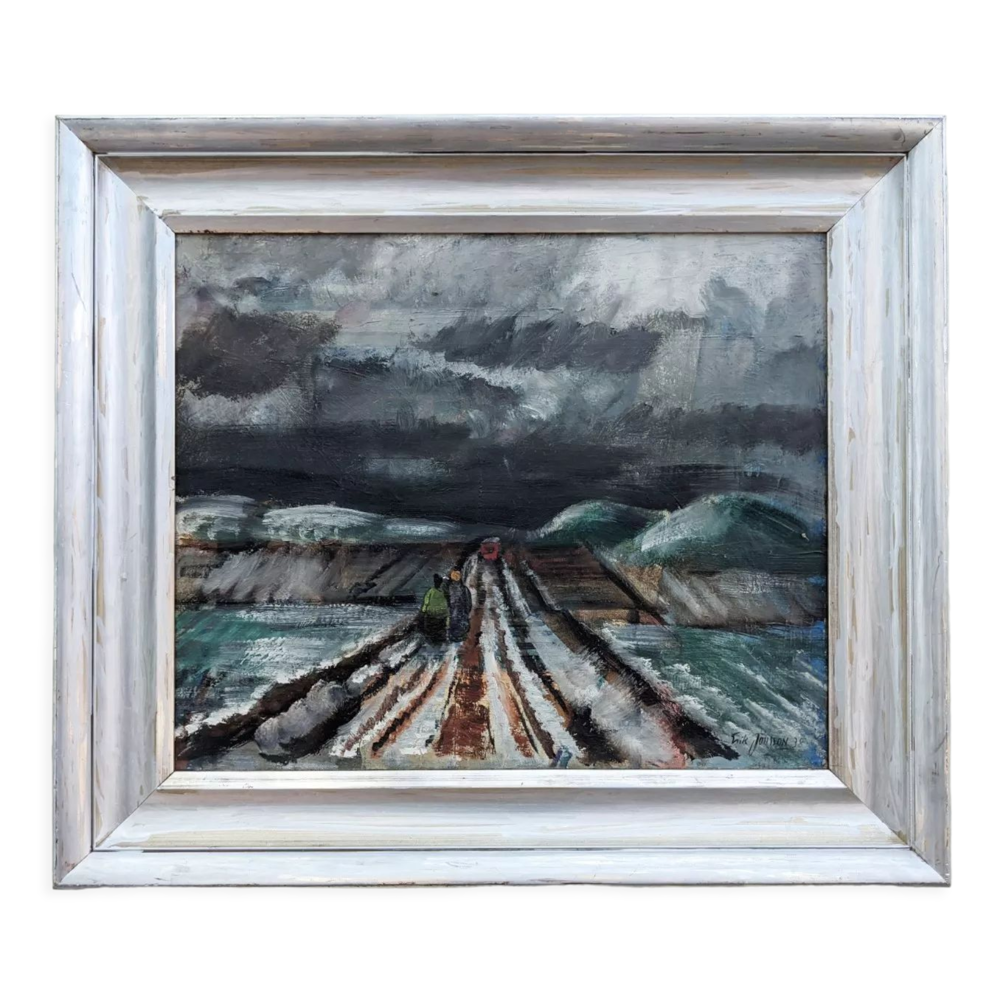 Vintage mid century modern winter landscape framed oil painting - the long road
