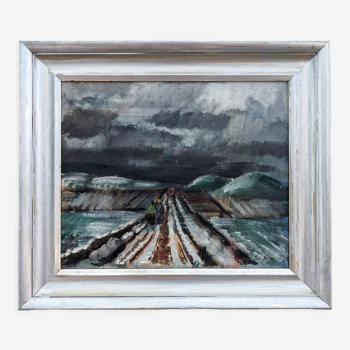 Vintage mid century modern winter landscape framed oil painting - the long road