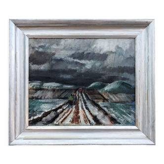 Vintage mid century modern winter landscape framed oil painting - the long road