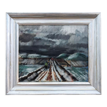 Vintage mid century modern winter landscape framed oil painting - the long road