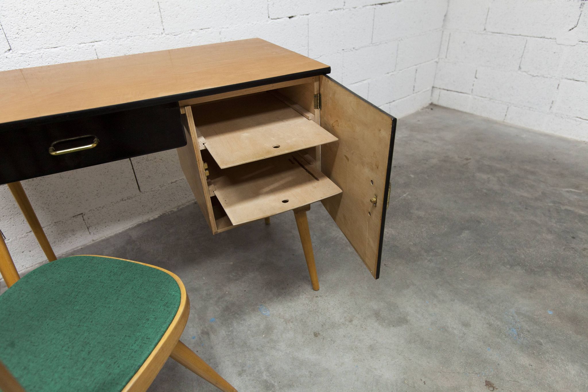 Baumann desk and chair, 1960s, Formica, wood and black, green seat