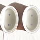 Set of 4 white porcelain dishes with blue decorations and wicker stands