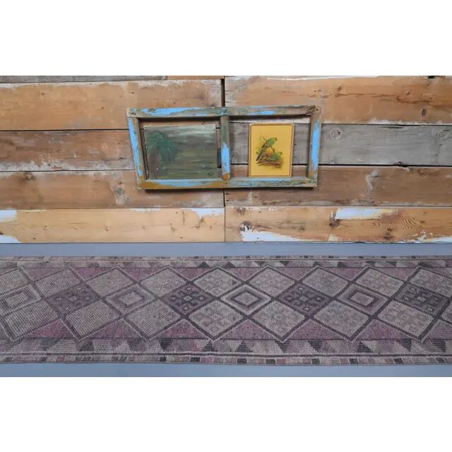 1960s purple lavender natural Turkish hand-knotted runner rug 79x331