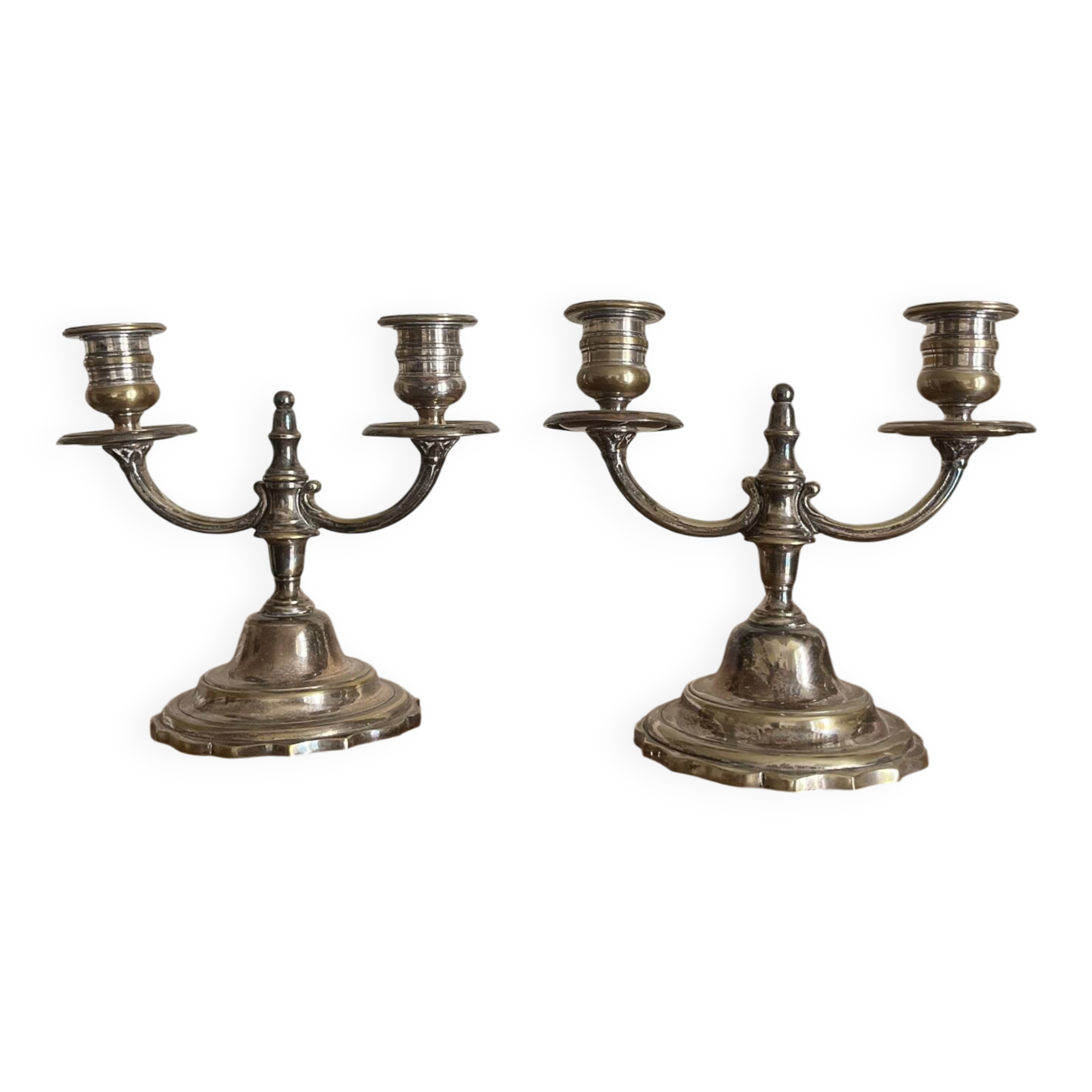 Pair of two-armed candelabra in silver-plated metal
