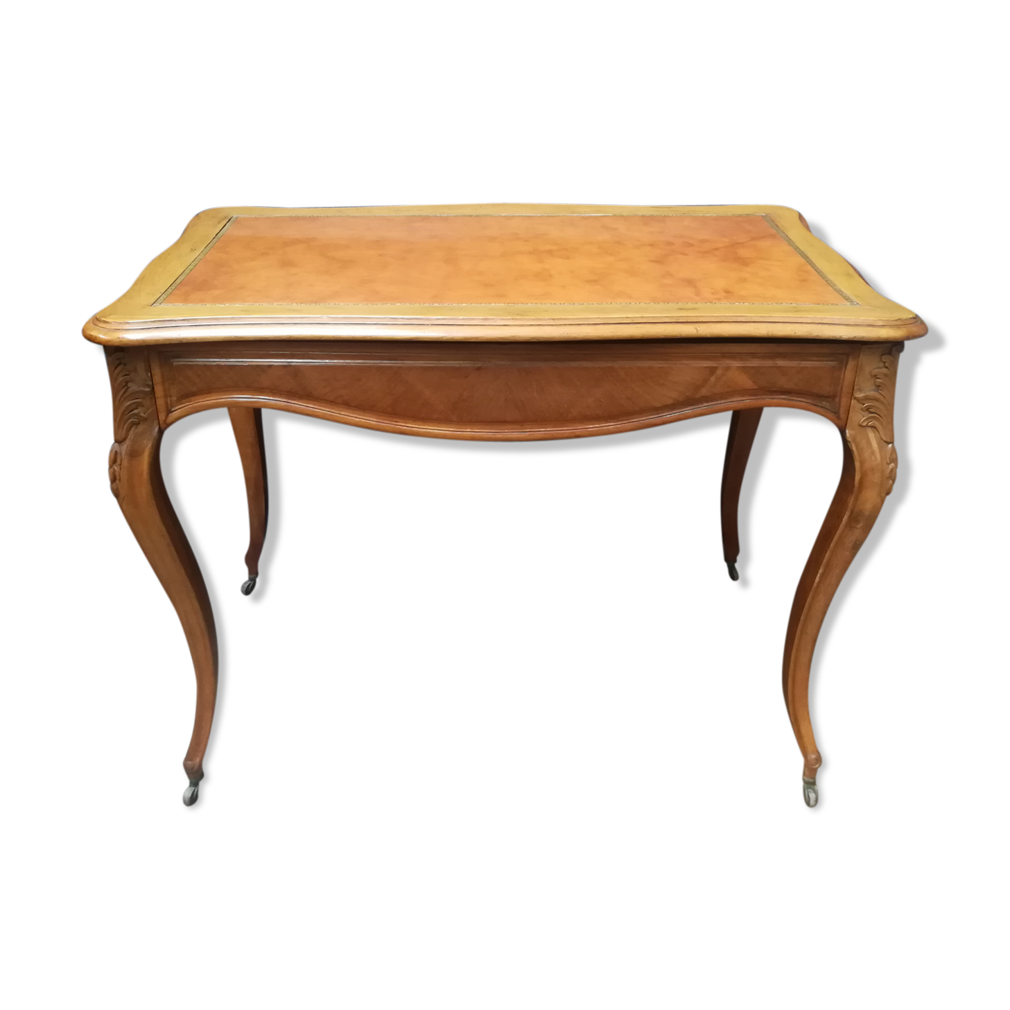 Louis XV style flat desk in walnut and leather
