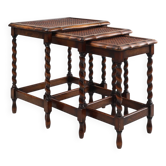 20th Century set of 3 oak and rattan nesting tables