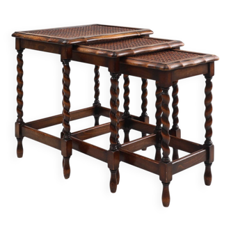 20th Century set of 3 oak and rattan nesting tables