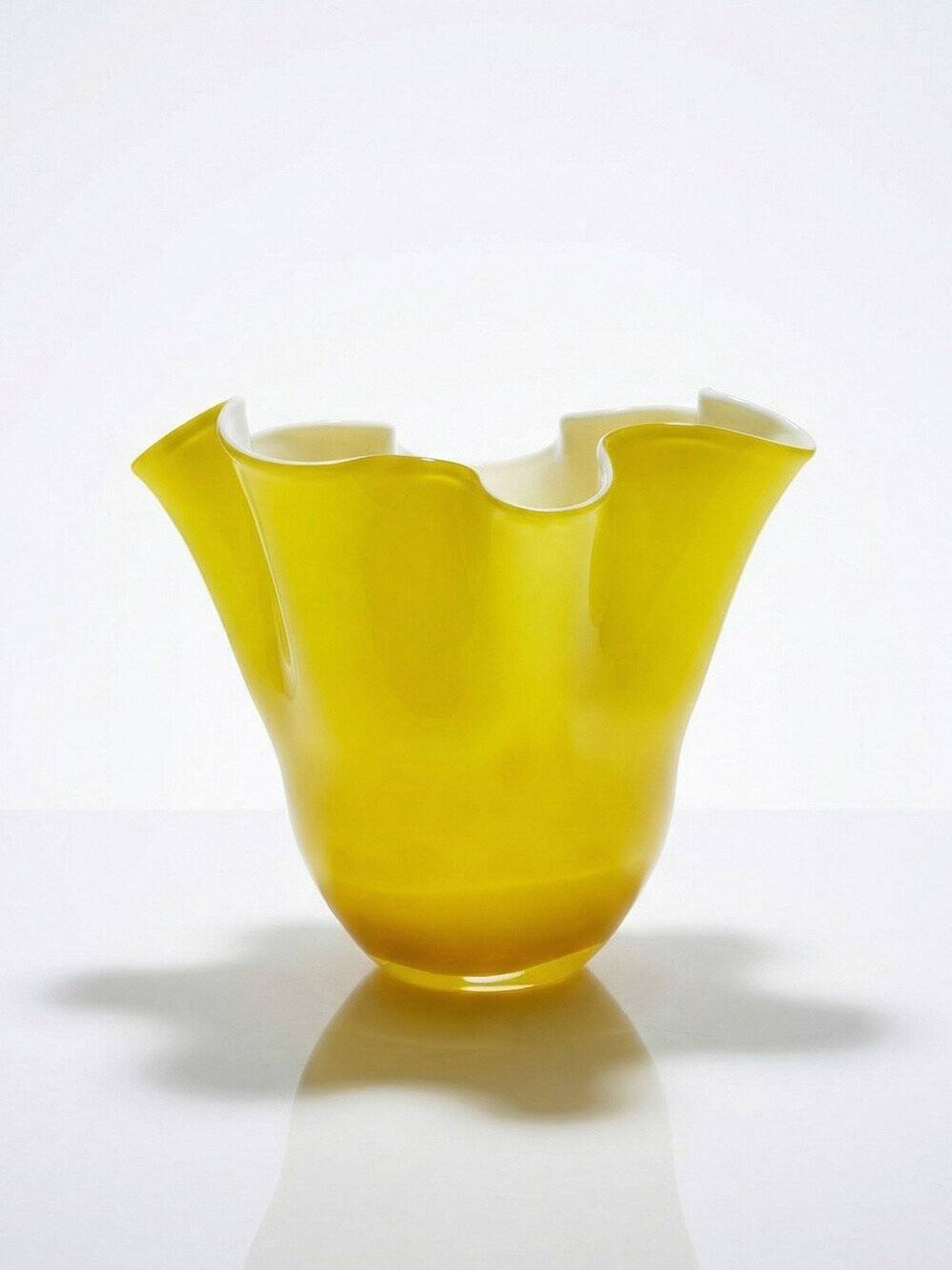 Fazzoletto vase in blown Italian glass, yellow opaline lined, Murano 1960-70.