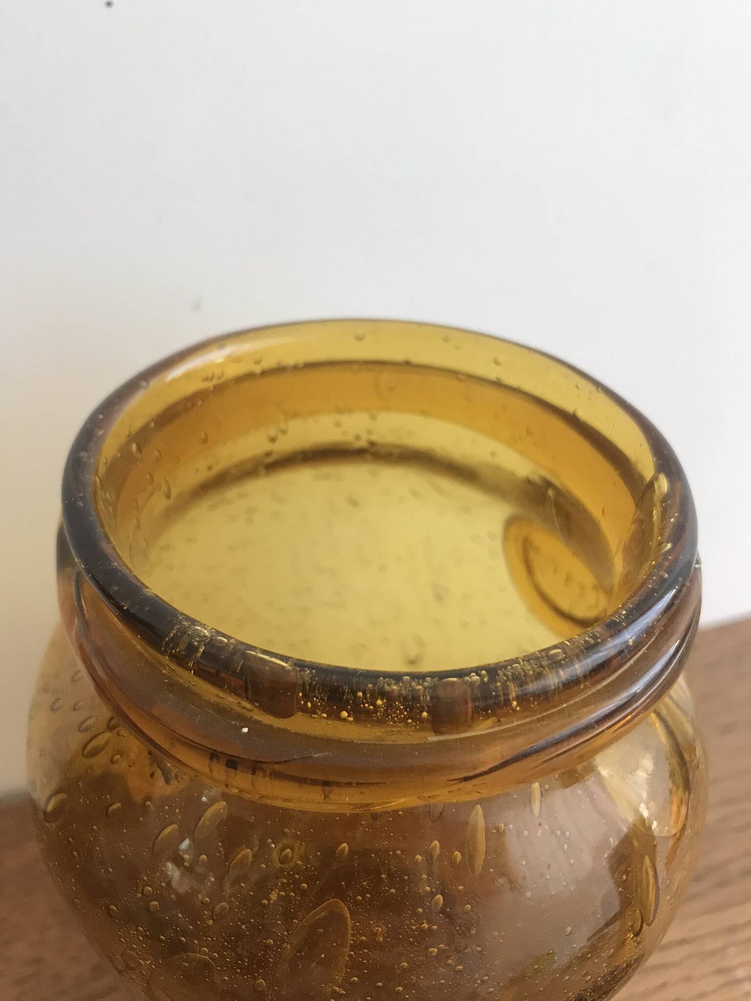 Handmade jar in blown bubbled glass Biot amber