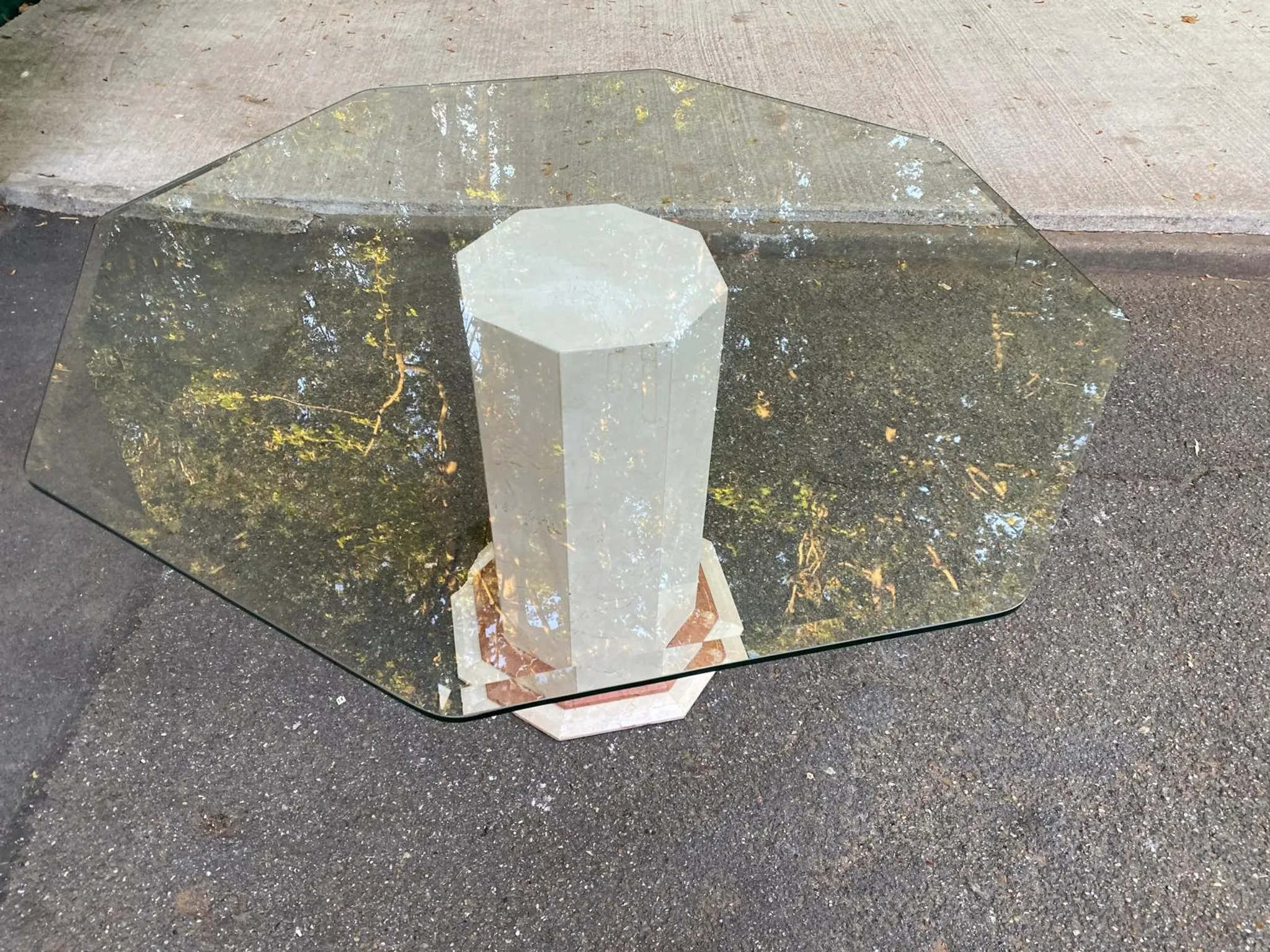 Octagonal dining table, vintage 1980s design in marble and glass.