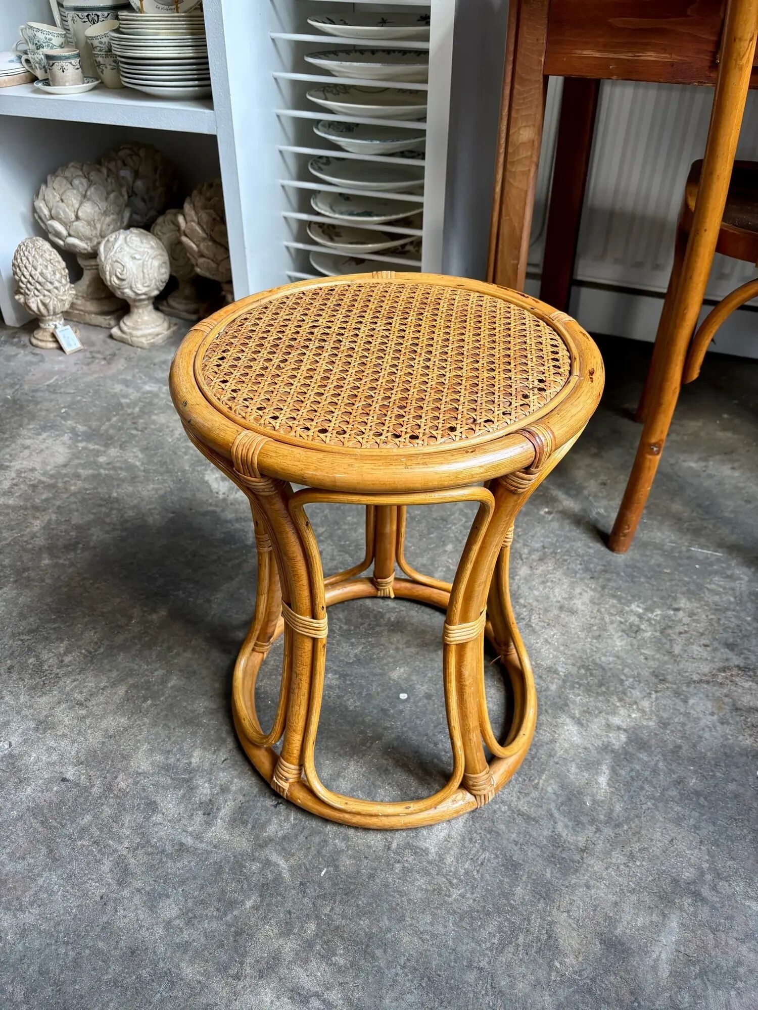 Stool, side table in rattan and caning
