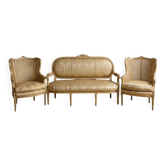 Louis XV gold salon set with a 3-seater sofa and 2 armchairs.