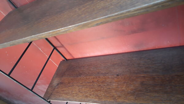 Etagere scandinave 1940 a 50 tomado acier et 3 plateaux 65x19. Plaquage bois bisauté 60x86 super et