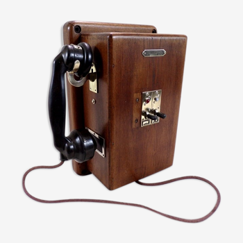 Téléphone ancien standard téléphonique en bois laiton et métal déco vintage
