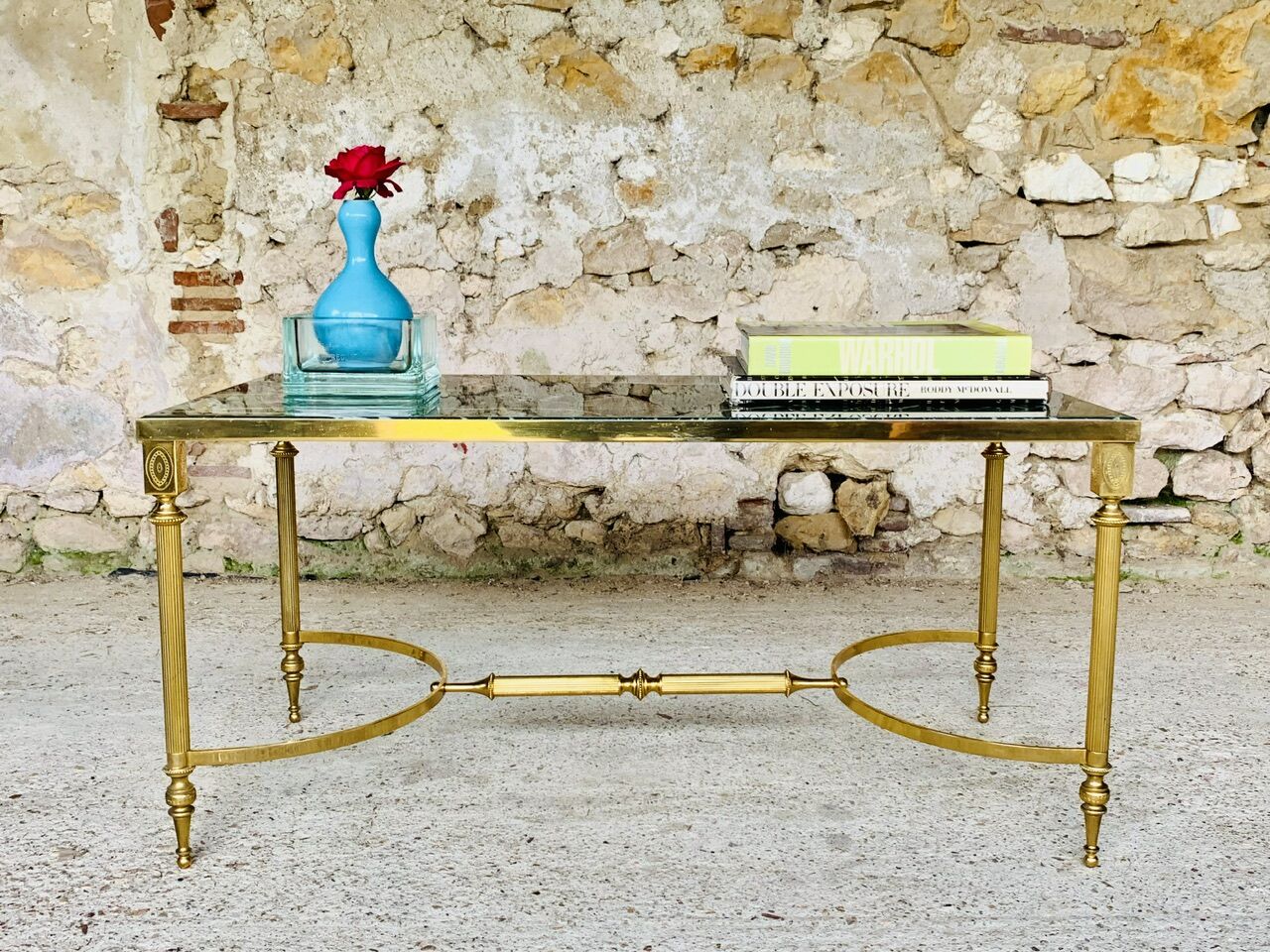 Mid-century coffee table in green marble and brass, 1960s