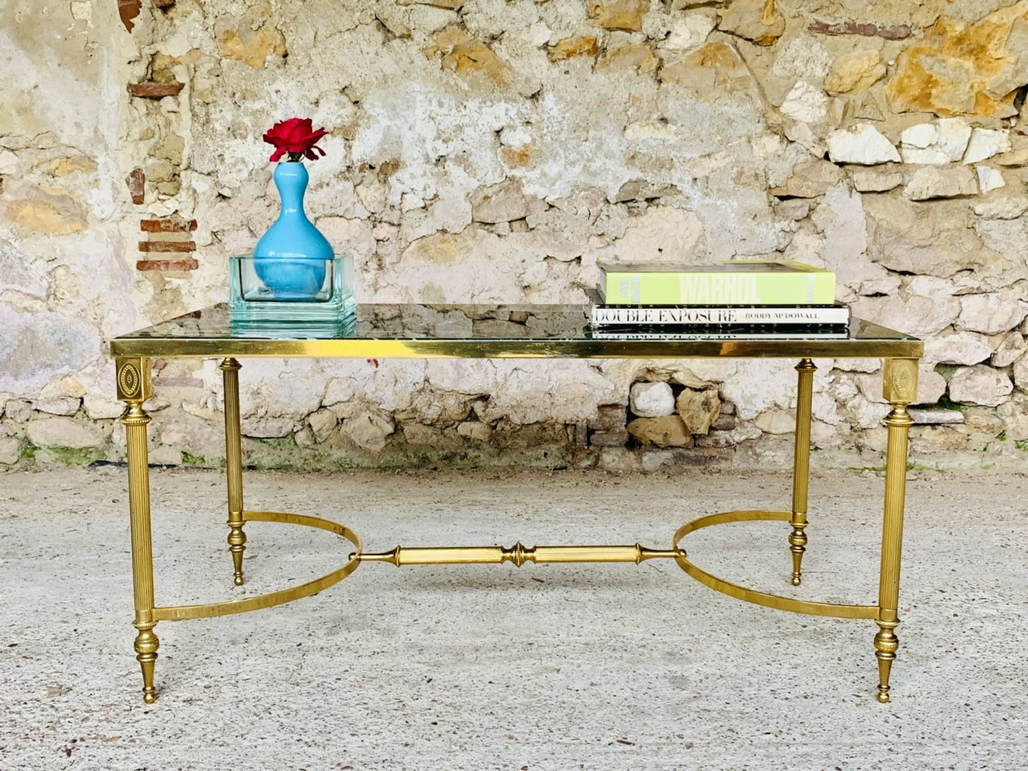 Mid-century coffee table in green marble and brass, 1960s