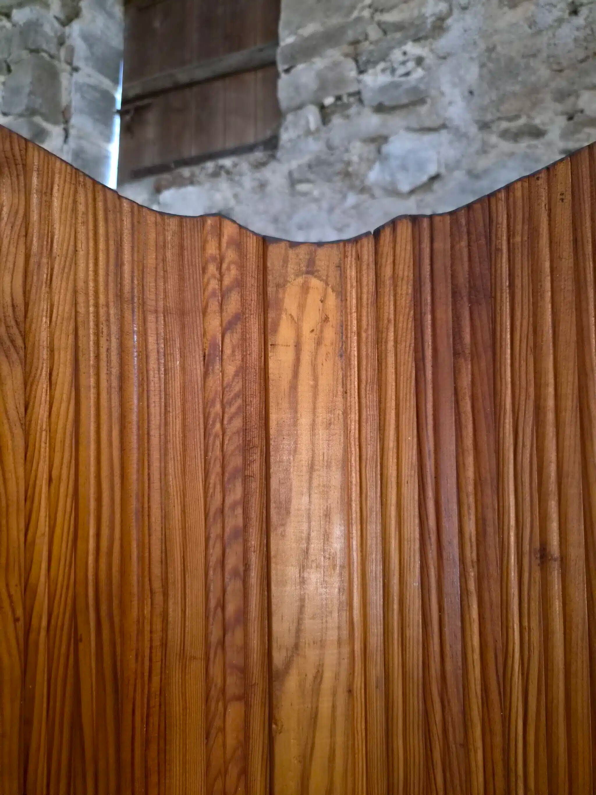 Large French folding screen in pine, room divider, 1950s, attributed to Baumann.