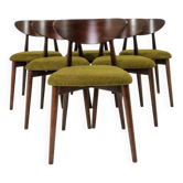Set of 6 dining chairs, dark walnut upholstery in grass green.