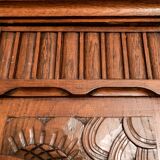 Old solid wood wardrobe with three vintage mirror doors