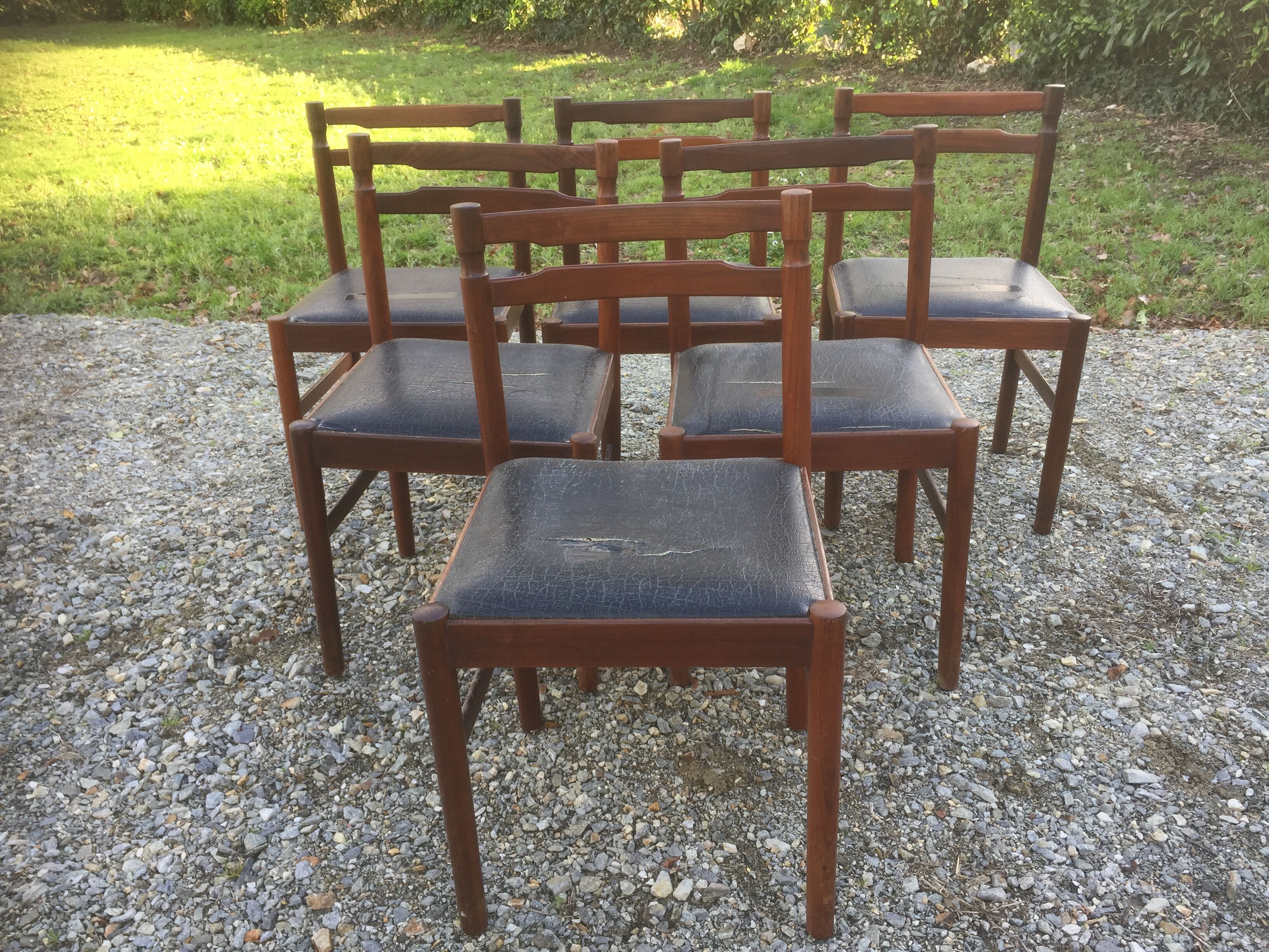 Vintage scandinavian teak chairs, black skaï seats as it is
