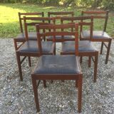 Vintage scandinavian teak chairs, black skaï seats as it is