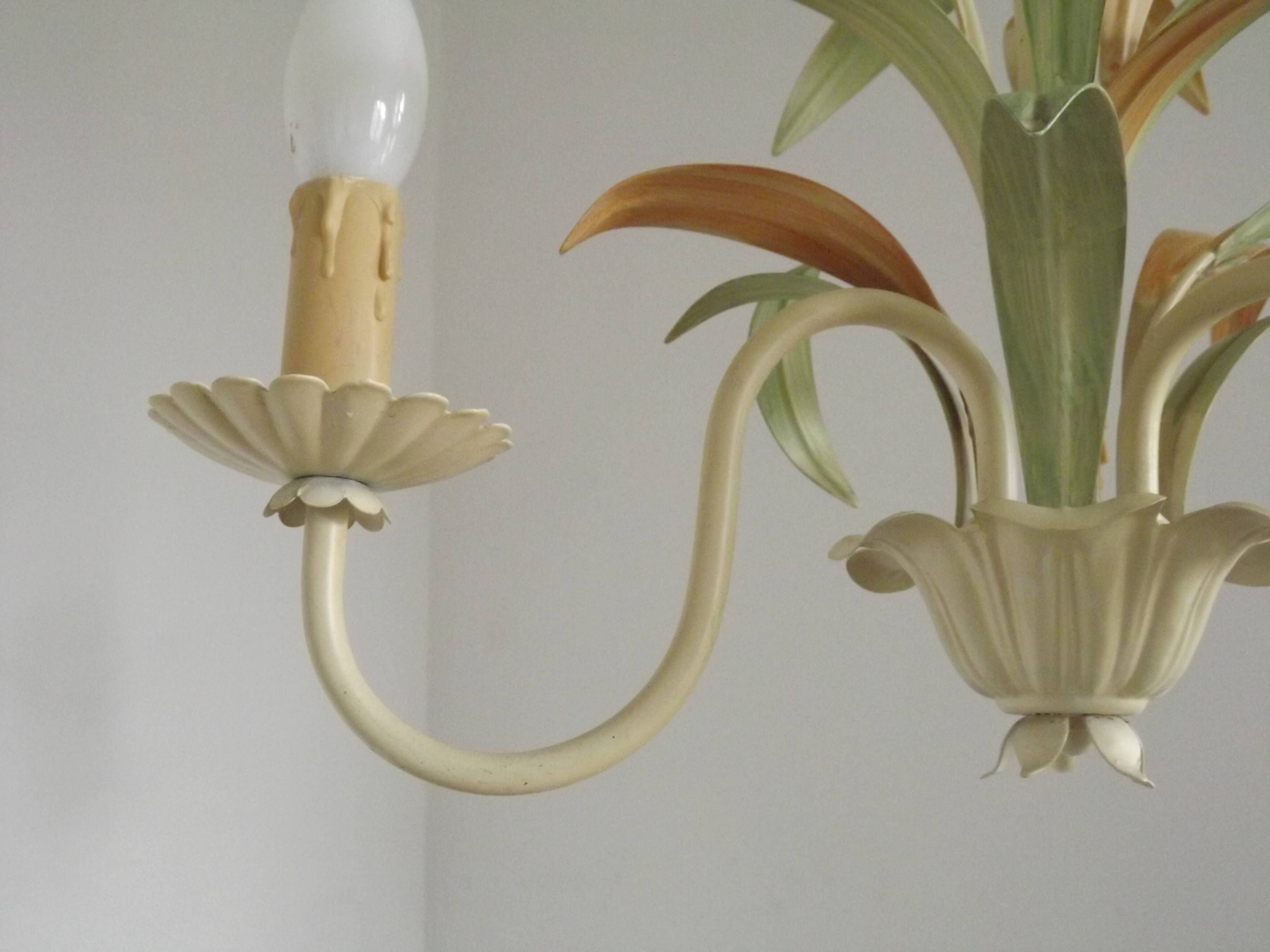 French Vintage Cream 3 Light Metal Chandelier Green and Peach Leaves