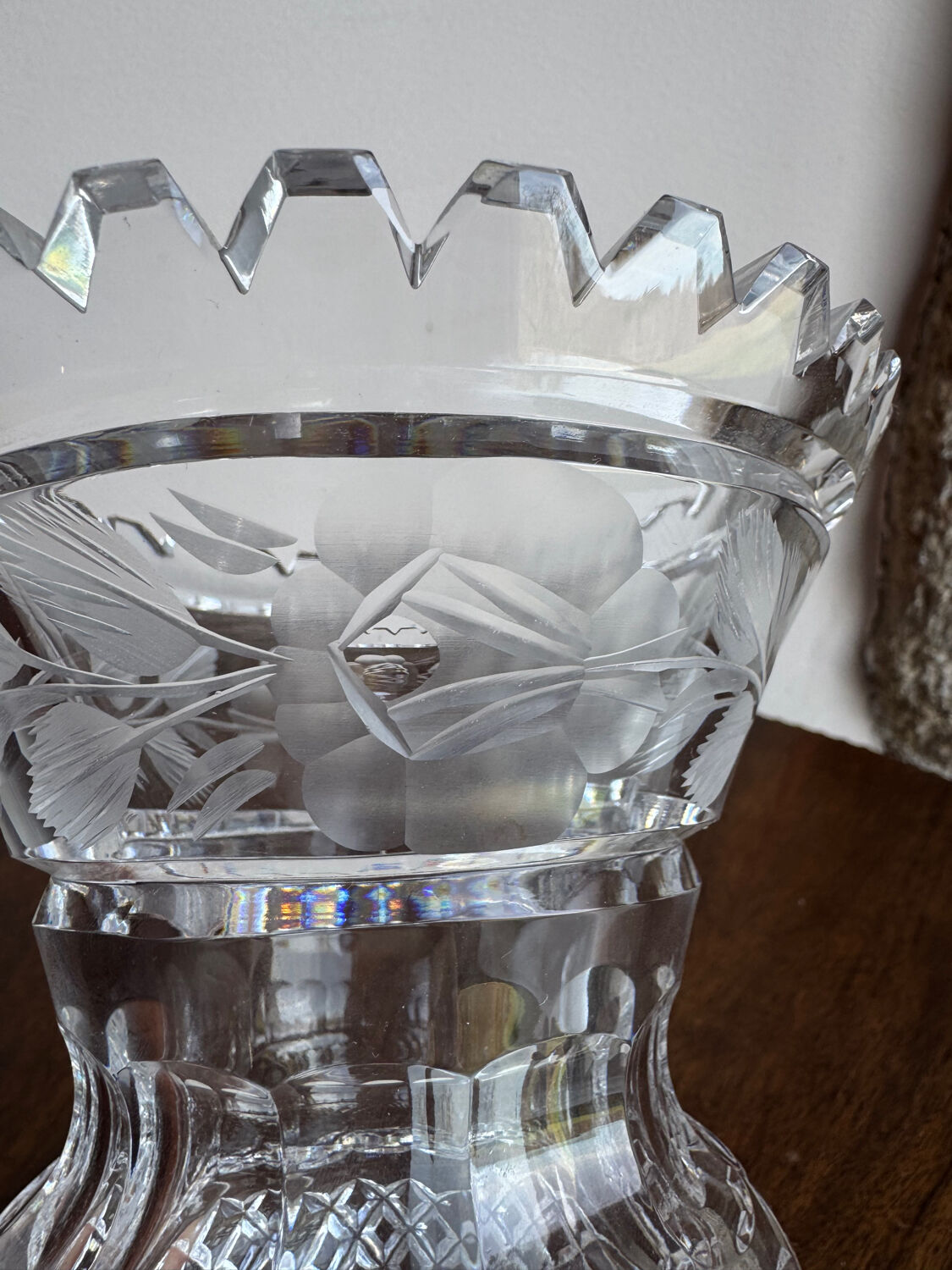 Cut and engraved crystal vase – vintage floral decoration