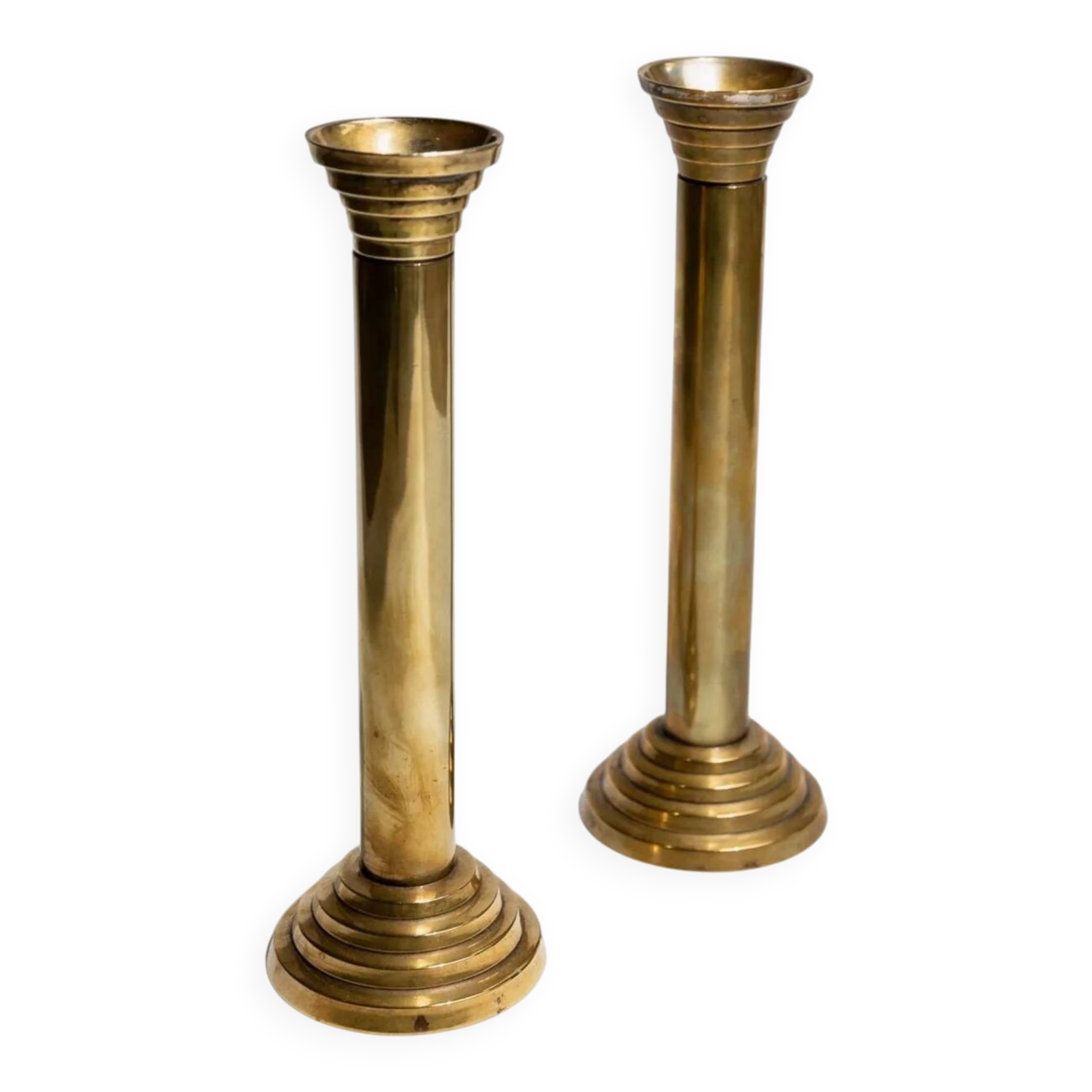 Gold-Plated Metal Candle Holders Set of 2, 1960s Italian Column Design, Vintage Table Decor