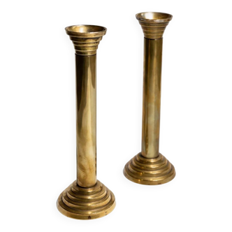 Gold-Plated Metal Candle Holders Set of 2, 1960s Italian Column Design, Vintage Table Decor