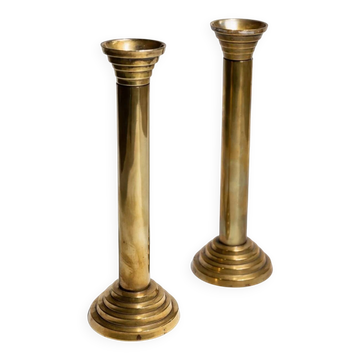 Gold-Plated Metal Candle Holders Set of 2, 1960s Italian Column Design, Vintage Table Decor