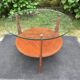 Vintage coffee table round compass legs top in glass and teak wood