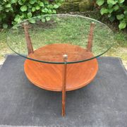 Vintage coffee table round compass legs top in glass and teak wood