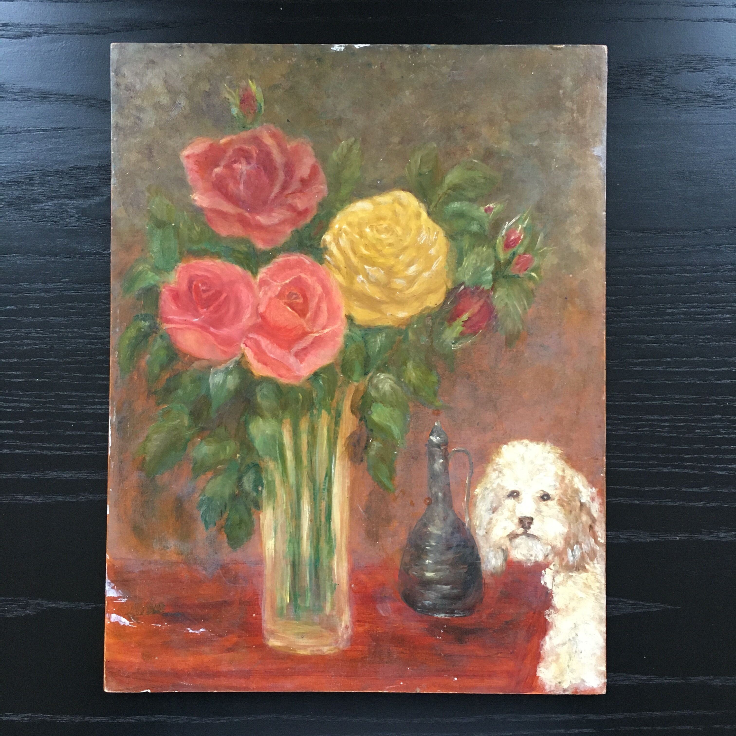 Bouquet of roses and poodle painting